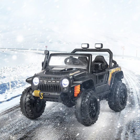 Black Parent-Child Ride On Truck Car with Remote Control, Music, and LED Lights - 12V 10AH