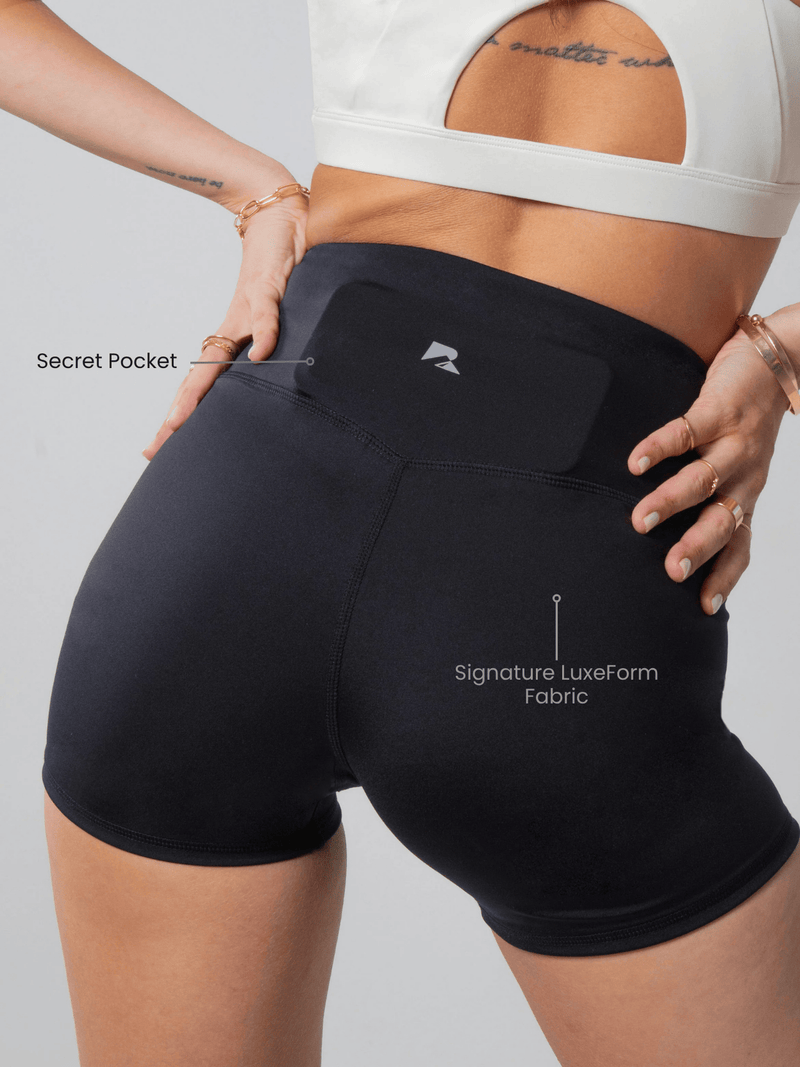 Load image into Gallery viewer, Women's Sculpting Workout Shorts 5 Inch - Black | Criss-Cross Waistband with Pocket
