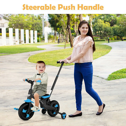 Blue 5-in-1 Kids Bike with Detachable Push Handle for Versatile Fun