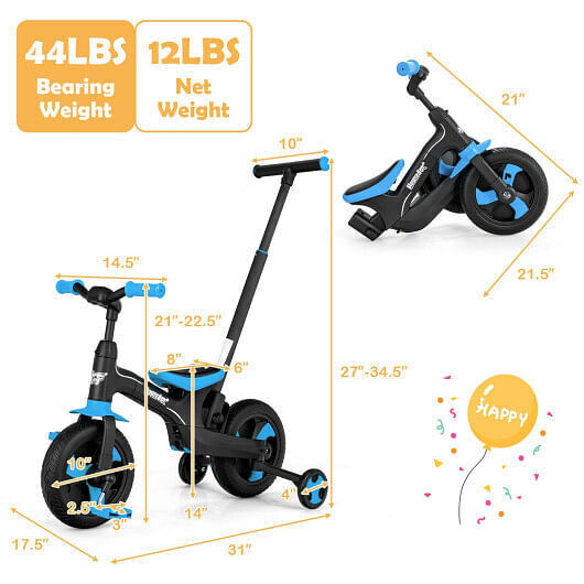 Load image into Gallery viewer, Blue 5-in-1 Kids Bike with Detachable Push Handle for Versatile Fun
