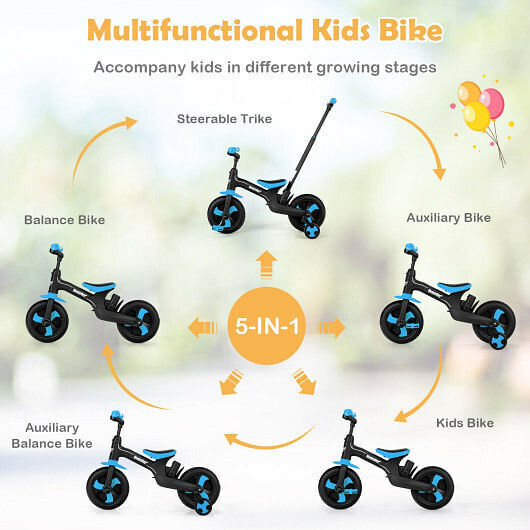 Load image into Gallery viewer, Blue 5-in-1 Kids Bike with Detachable Push Handle for Versatile Fun

