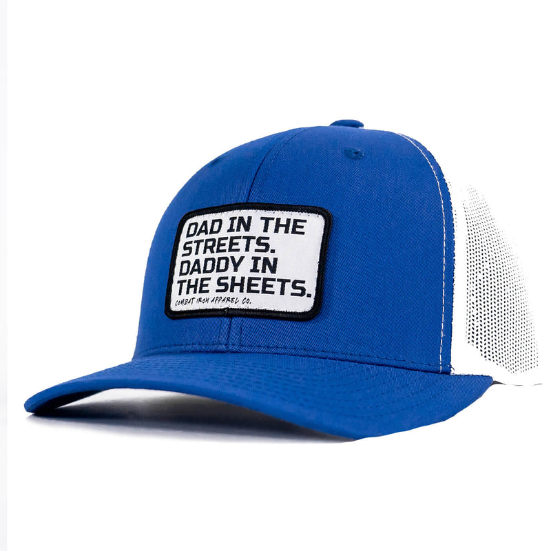Load image into Gallery viewer, Dad In The Streets. Daddy In The Sheets. White Patch Snapback Hat
