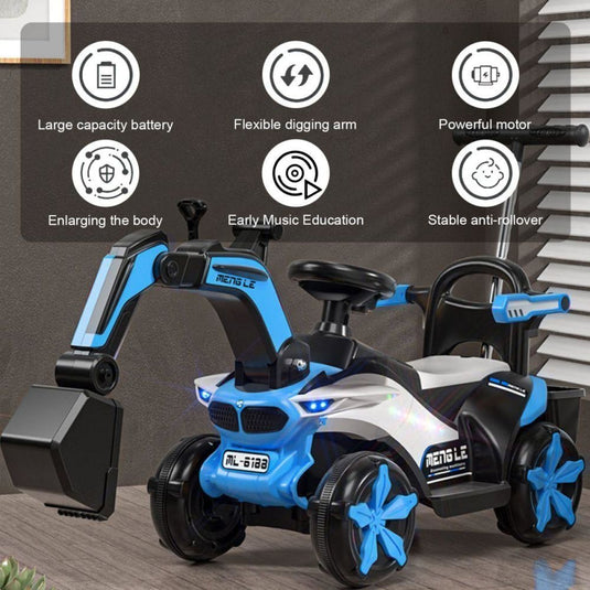 Bluetooth-Enabled Electric Excavator Toy Car for Kids with Helmet and Rear Bucket Attachment