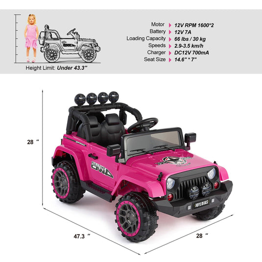 Bluetooth Remote Control Pink Jeep Ride On Car for Kids with USB and 12V Battery