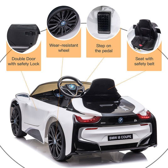 BMW I8 Electric Ride-On Car for Kids with Remote Control and MP3 Player - White