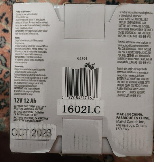 Brand New Gray 12V 12AH Rechargeable Battery for Power Wheels G5894
