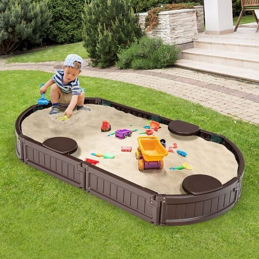 Brown Corner Seat Sandbox with Protective Liner - Built-in Design