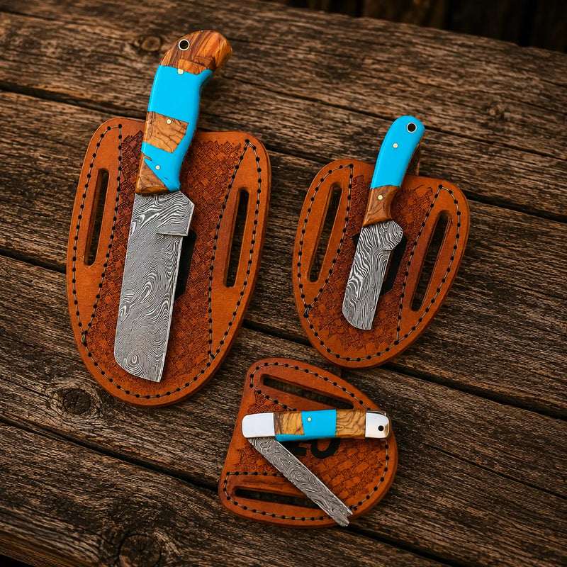 Load image into Gallery viewer, Cowboy Bull Cutter Knife Set – Damascus Steel Turquoise Handle
