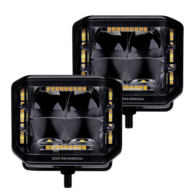 Load image into Gallery viewer, Go Rhino Xplor Blackout Combo Series Cube Sideline LED Spot Lights w/ Amber 4x3 - Blk (Pair)

