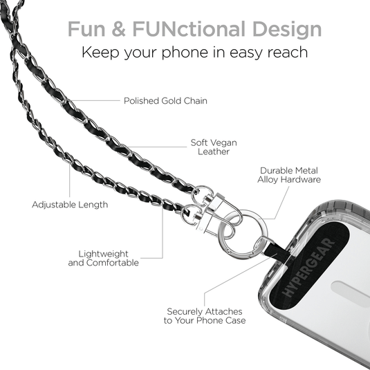 HyperGear TECHcessories Silver Chain with Black Vegan Leather Universal Crossbody Phone Strap
