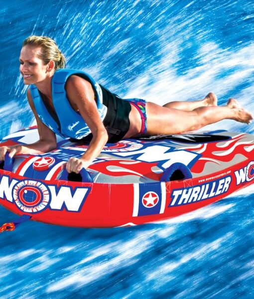 Load image into Gallery viewer, WOW Sports Thriller 1 Person Towable Water Tube - Starter Kit w/ 12V Pump &amp; 1K Tow Rope

