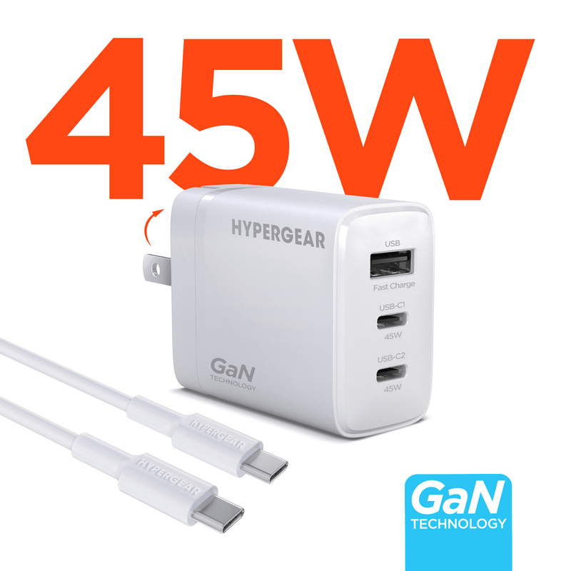 Load image into Gallery viewer, HyperGear SpeedBoost 45W USB-C PD Tri-Port GaN Fast Wall Charger with PPS and 6ft USB-C Cable
