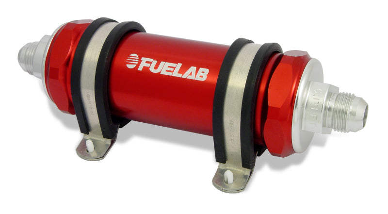 Load image into Gallery viewer, Fuelab 858 In-Line Fuel Filter Long -10AN In/Out 10 Micron Fabric w/Check Valve - Red

