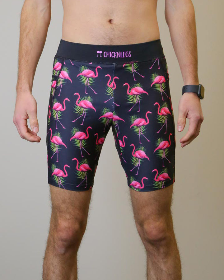 Load image into Gallery viewer, Men&#39;s Flamingos 8&quot; Half Tights (Pink on Black) XS S M L XL
