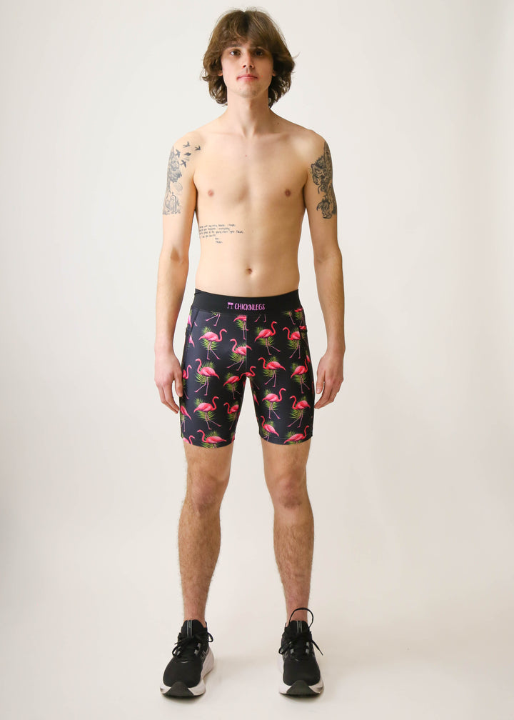Load image into Gallery viewer, Men&#39;s Flamingos 8&quot; Half Tights (Pink on Black) XS S M L XL
