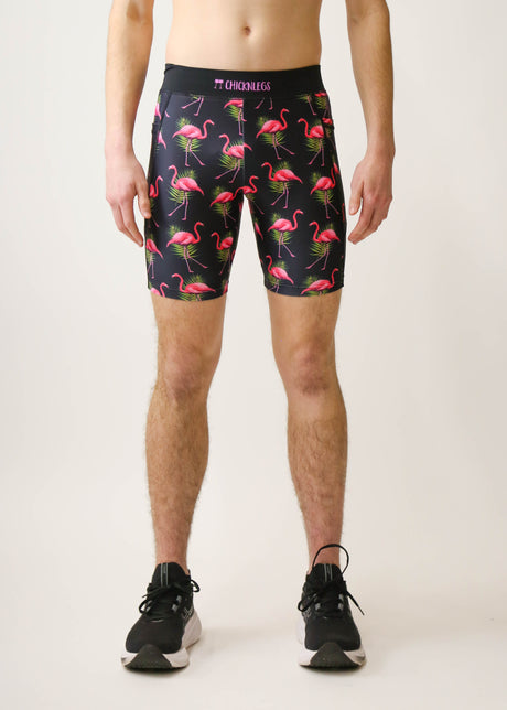 Load image into Gallery viewer, Men&#39;s Flamingos 8&quot; Half Tights (Pink on Black) XS S M L XL
