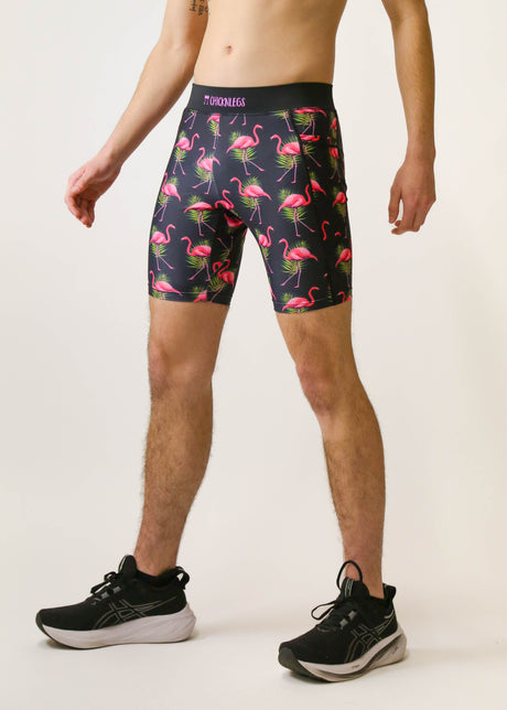 Load image into Gallery viewer, Men&#39;s Flamingos 8&quot; Half Tights (Pink on Black) XS S M L XL
