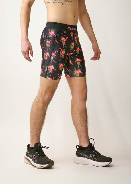Load image into Gallery viewer, Men&#39;s Flamingos 8&quot; Half Tights (Pink on Black) XS S M L XL
