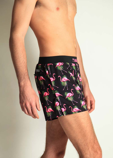Load image into Gallery viewer, Men&#39;s Flamingos 4&quot; Half Split Shorts (Black) XS, S, M, L, XL
