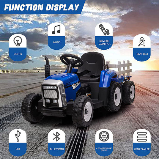 CLARFEY 12V Ride-On Tractor with Trailer and Remote Control for Kids - Music and Fun Included!