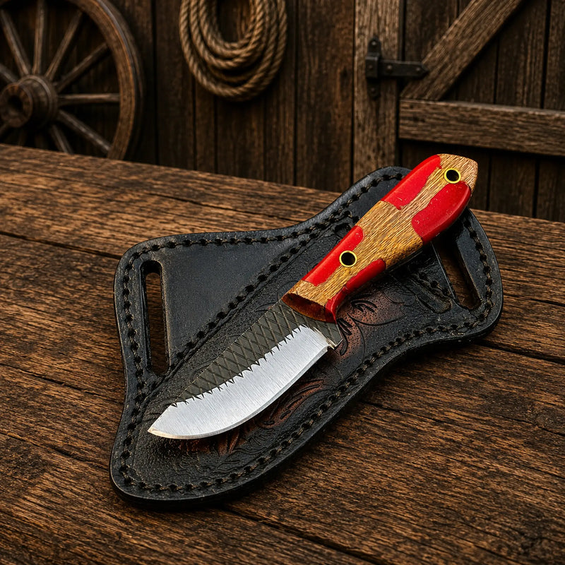 Load image into Gallery viewer, Compact Cowboy Skinning Knife – Rasp Steel with Belt Sheath
