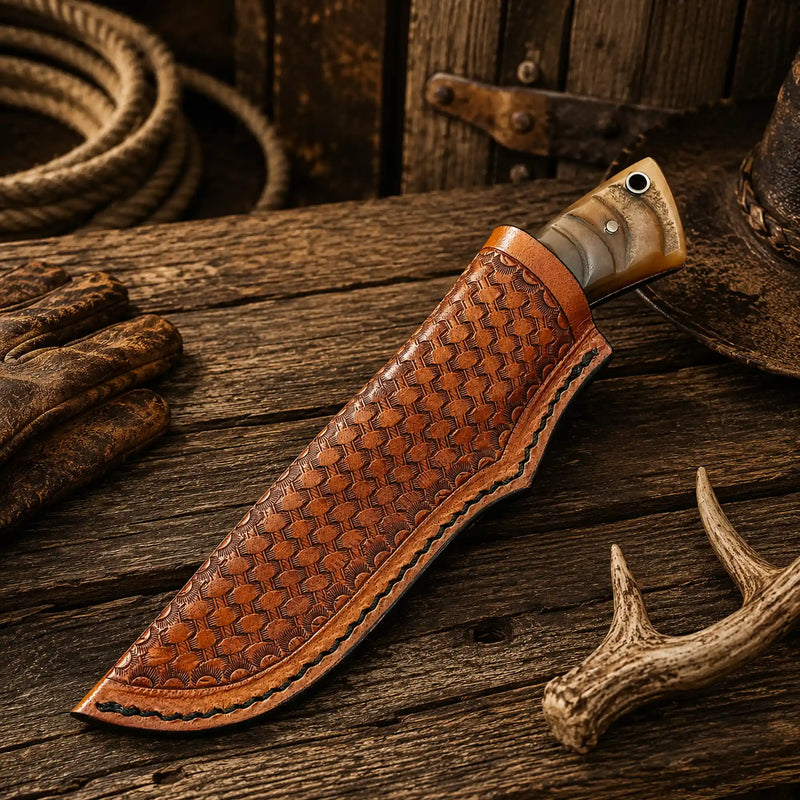 Load image into Gallery viewer, Copper Damascus Hunting Knife – Ram Horn Handle Ranch Belt Carry
