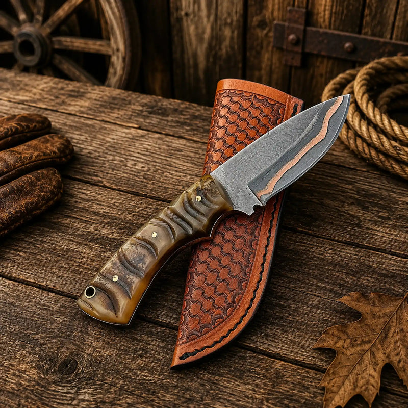 Load image into Gallery viewer, Copper Damascus Hunting Knife – Ram Horn Handle Ranch Belt Carry
