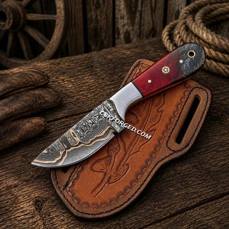 Load image into Gallery viewer, Copper Damascus Ranch Belt Knife – Epoxy Resin Handle &amp; Sheath
