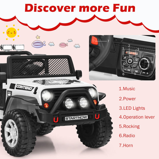 Costway 12V Kids Ride On Truck with Remote Control, Lights, and Music - White