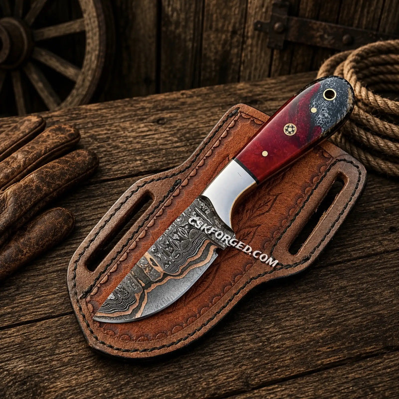 Load image into Gallery viewer, Copper Damascus Ranch Belt Knife – Epoxy Resin Handle &amp; Sheath
