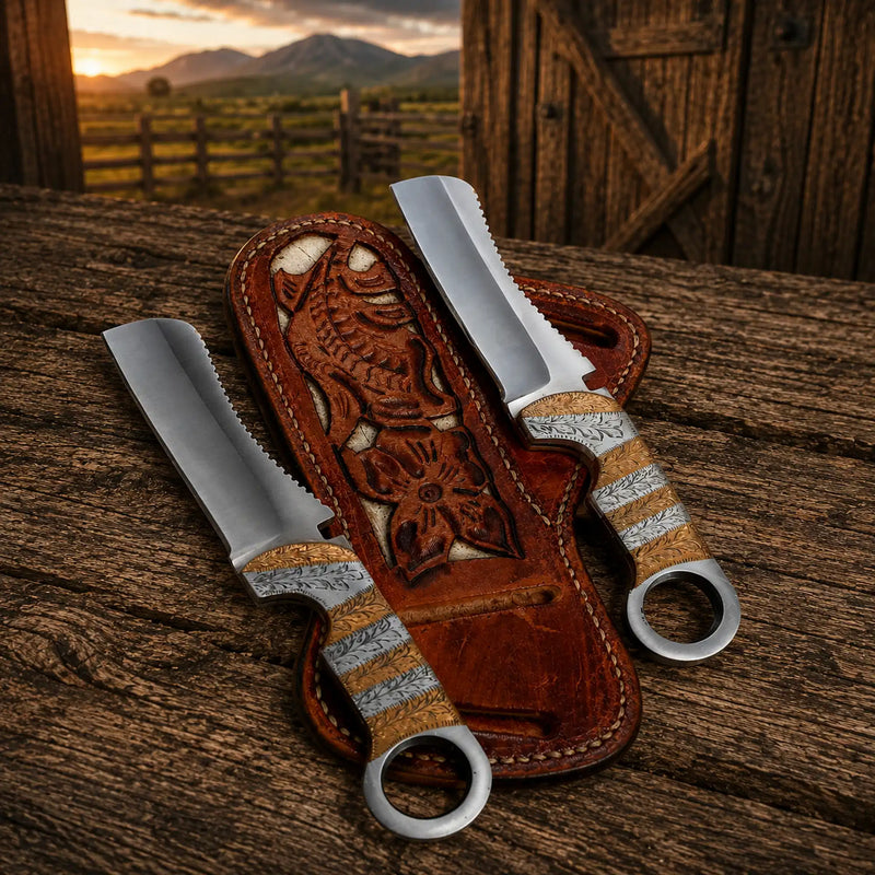 Load image into Gallery viewer, Cowboy Bull Cutter Knife – D2 Steel Blade Copper Engraved Handle
