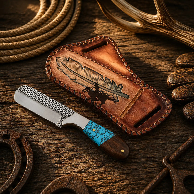 Load image into Gallery viewer, Horse Riding Bull Cutter Knife – 4" Forged Rasp Steel with Turquoise &amp; Rosewood Handle
