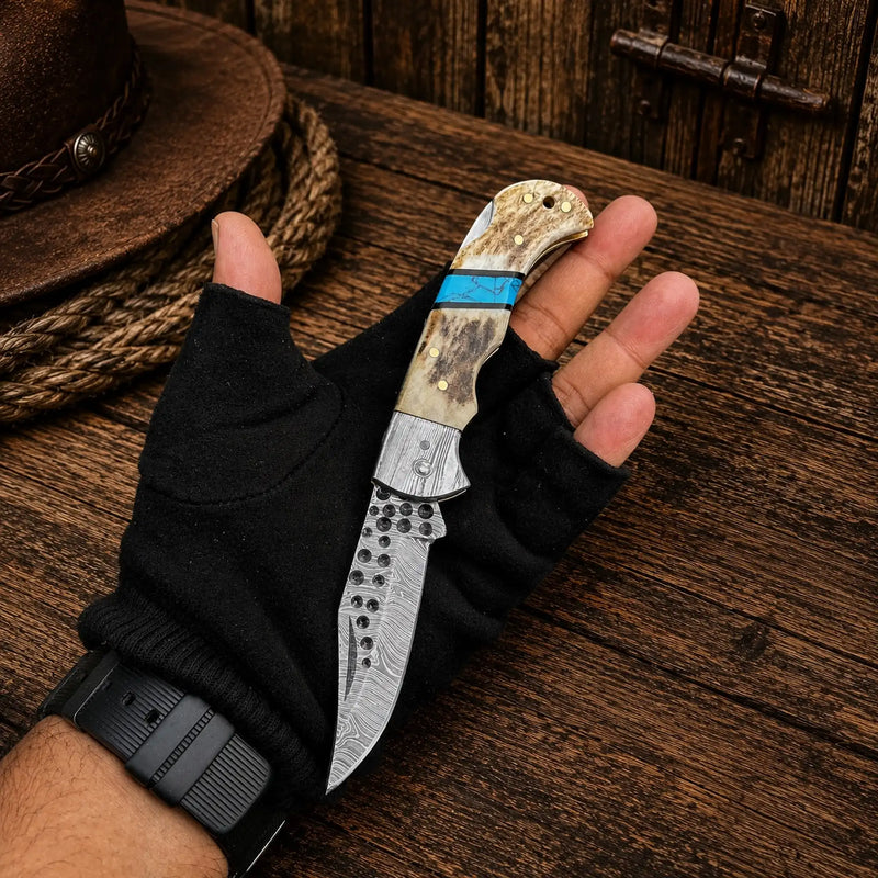 Load image into Gallery viewer, Cowboy Damascus Steel Folding Pocket Knife – Antler &amp; Turquoise Handle
