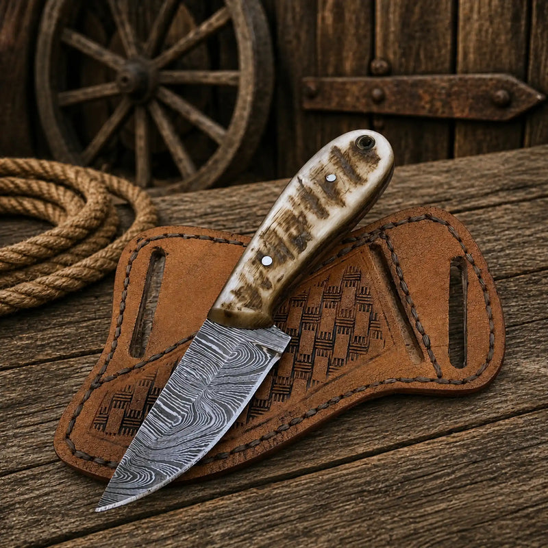 Load image into Gallery viewer, Cowboy Knife – 3.25" Damascus Steel Blade with Ram Horn Handle
