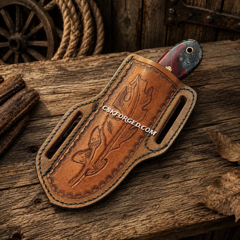 Load image into Gallery viewer, Copper Damascus Ranch Belt Knife – Epoxy Resin Handle &amp; Sheath
