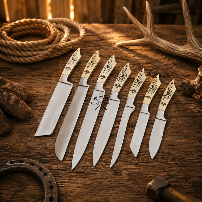 Load image into Gallery viewer, Custom Handmade 7-Piece D2 Steel Chef Knife Set – Camel Bone Handles
