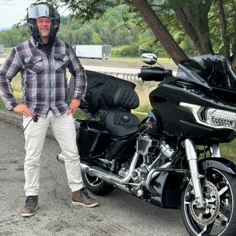 Load image into Gallery viewer, Protective Flannel Shirt For Men - Grey Black Red Checkered with Pads
