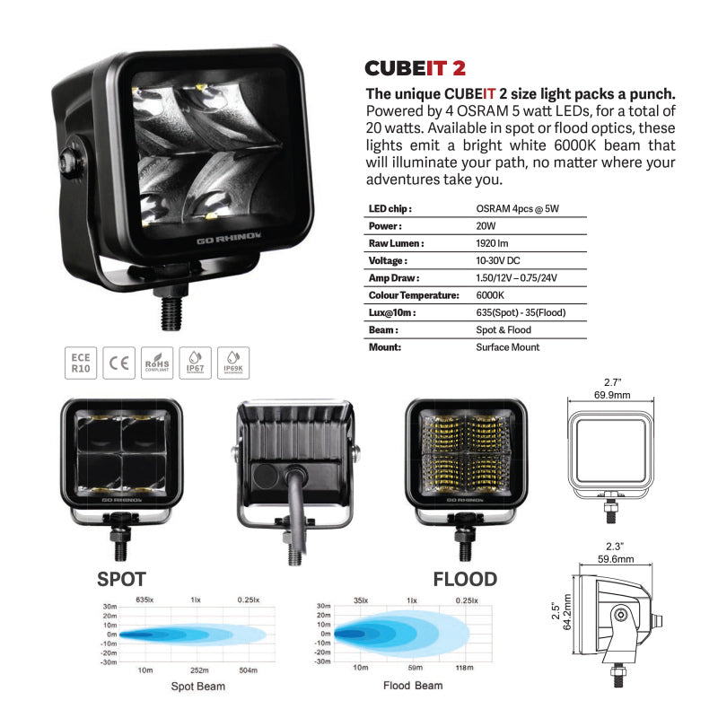 Load image into Gallery viewer, Go Rhino Xplor Blackout Series Cube LED Spot Light Kit (Surface/Threaded Stud Mnt) 2x2 - Blk (Pair)
