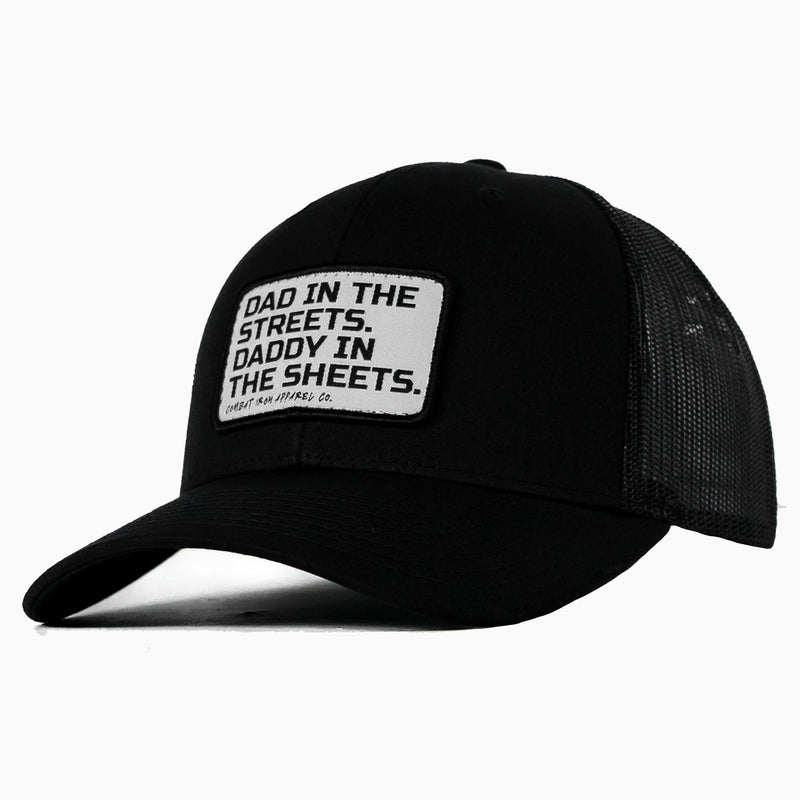 Load image into Gallery viewer, Dad In The Streets. Daddy In The Sheets. White Patch Snapback Hat
