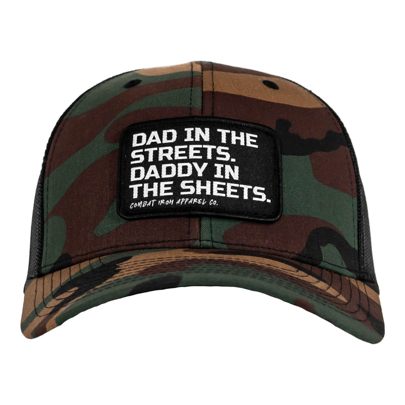 Load image into Gallery viewer, Dad In The Streets. Daddy In The Sheets. Black Patch Snapback Hat
