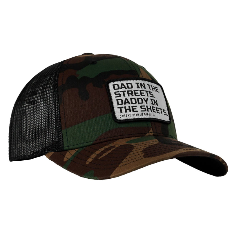 Load image into Gallery viewer, Dad In The Streets. Daddy In The Sheets. White Patch Snapback Hat
