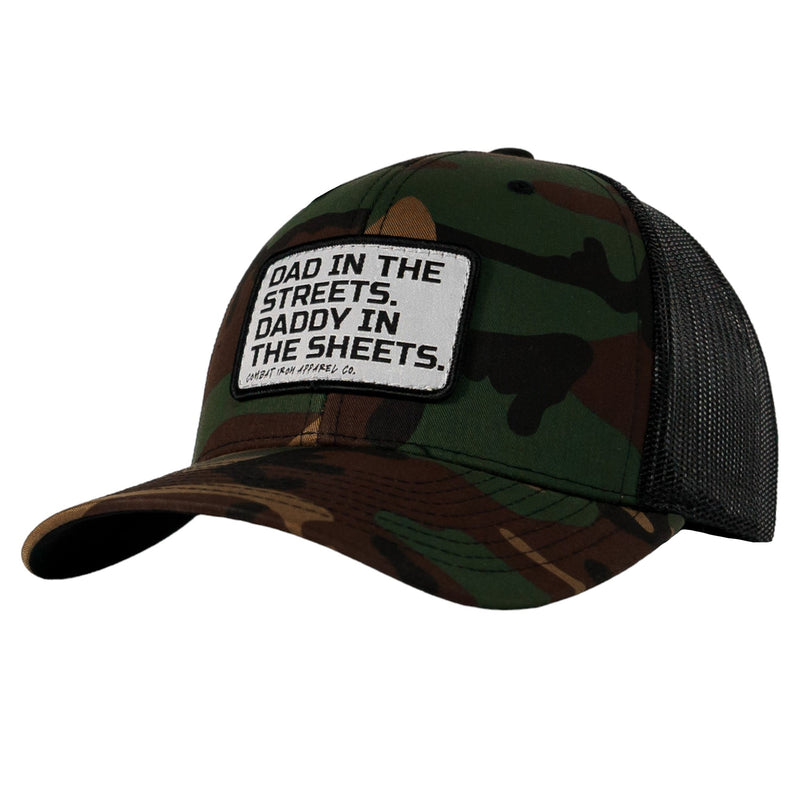 Load image into Gallery viewer, Dad In The Streets. Daddy In The Sheets. White Patch Snapback Hat
