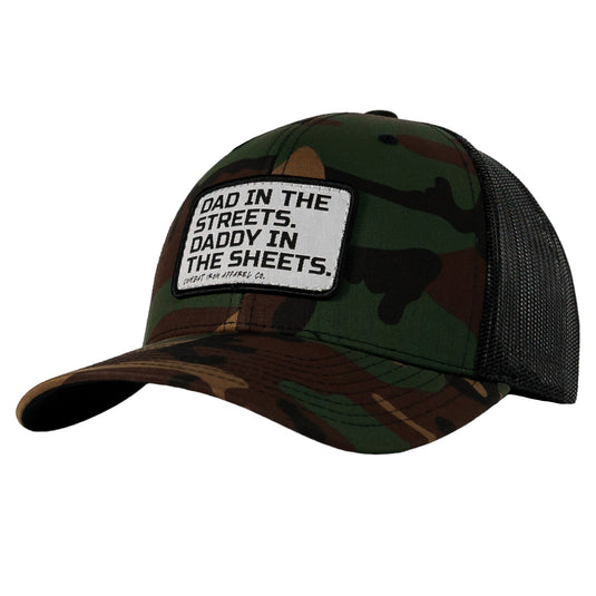 Dad In The Streets. Daddy In The Sheets. White Patch Snapback Hat