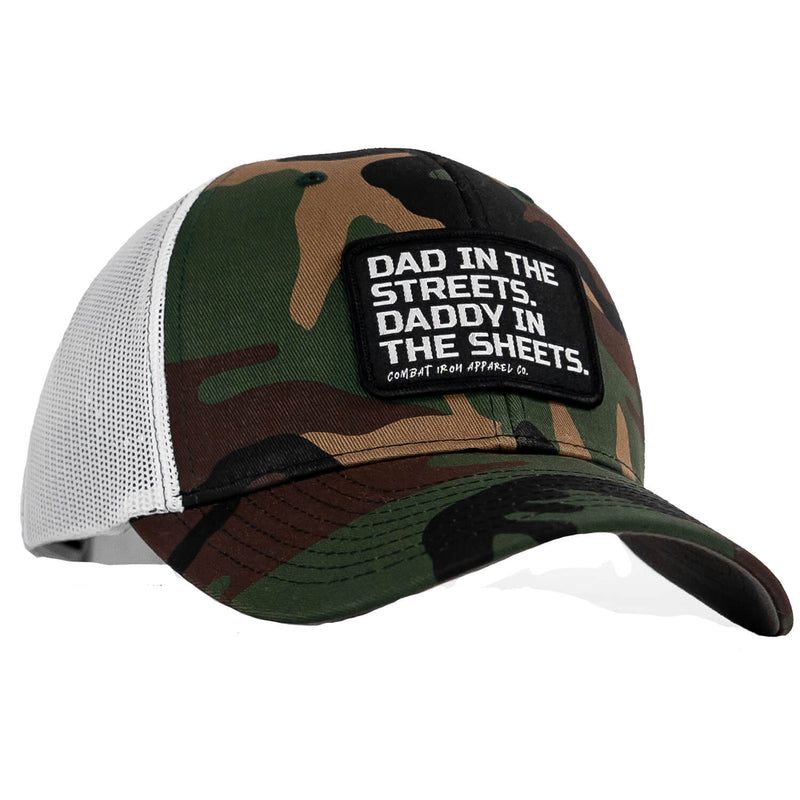 Load image into Gallery viewer, Dad In The Streets. Daddy In The Sheets. Black Patch Snapback Hat
