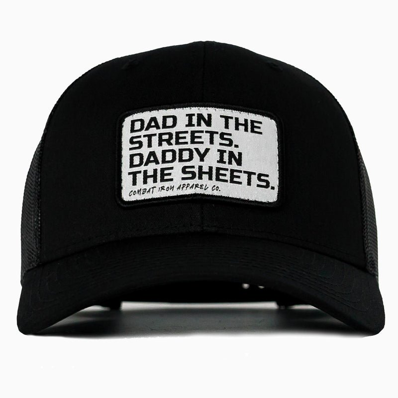 Load image into Gallery viewer, Dad In The Streets. Daddy In The Sheets. White Patch Snapback Hat
