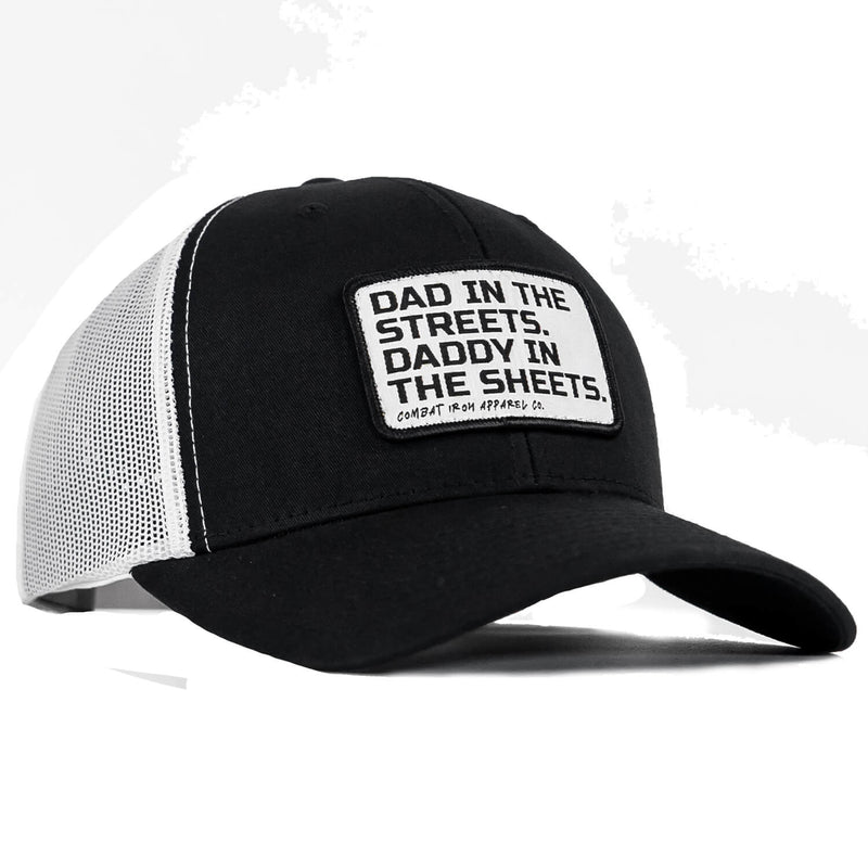 Load image into Gallery viewer, Dad In The Streets. Daddy In The Sheets. White Patch Snapback Hat
