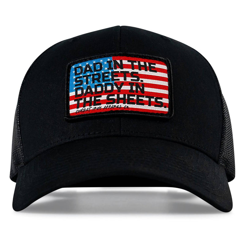 Load image into Gallery viewer, Dad In The Streets. Daddy In The Sheets. American Flag Patch Snapback Hat
