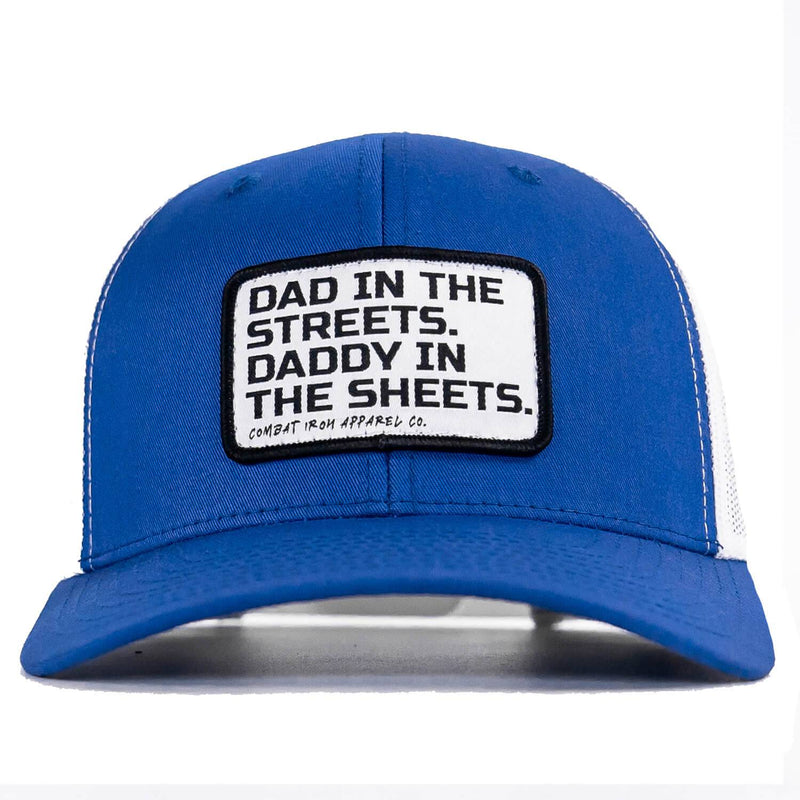 Load image into Gallery viewer, Dad In The Streets. Daddy In The Sheets. White Patch Snapback Hat
