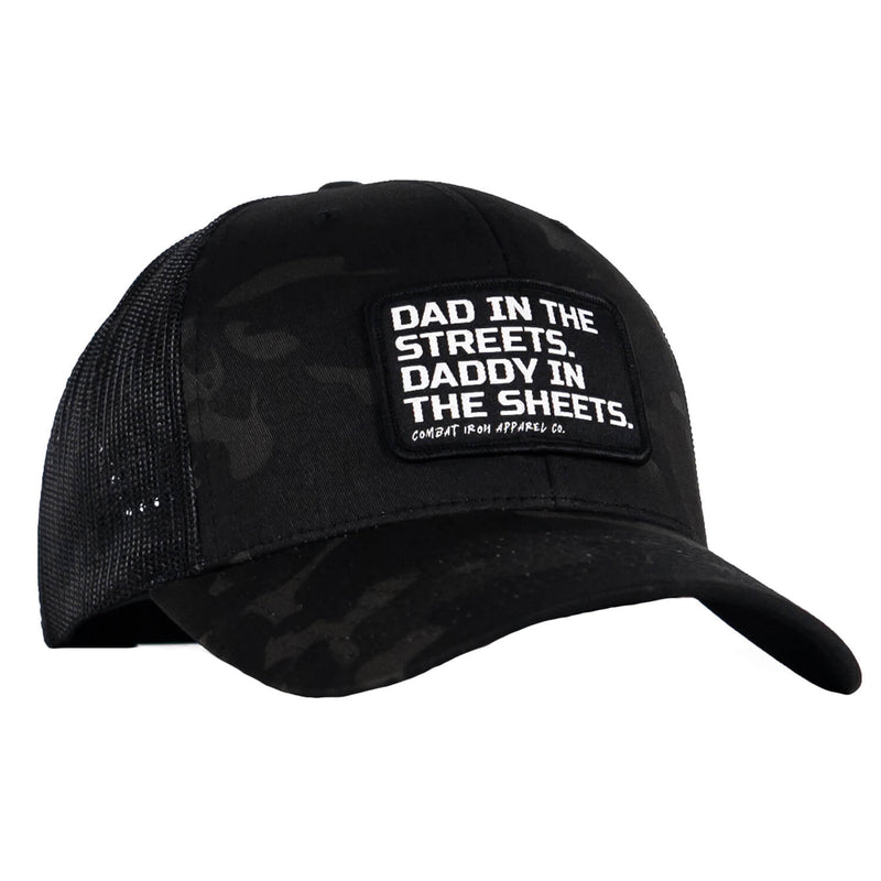 Load image into Gallery viewer, Dad In The Streets. Daddy In The Sheets. Black Patch Snapback Hat
