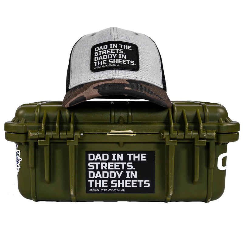 Load image into Gallery viewer, Dad In The Streets. Daddy In The Sheets. Black Patch Snapback Hat
